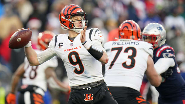 Dec 24, 2022; Foxborough, Massachusetts, USA; Cincinnati Bengals quarterback Joe Burrow (9) throws a pass against the New England Patriots in the second half at Gillette Stadium.